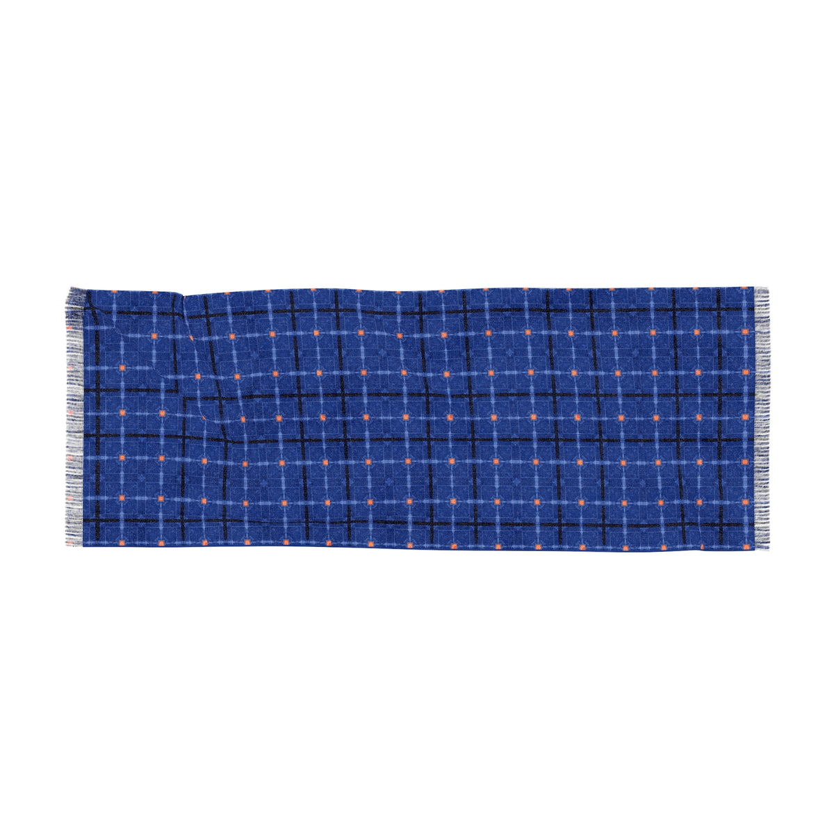 Medium Blue Plaid Lightweight Scarf — Subtle Orange Dot Grid Pattern