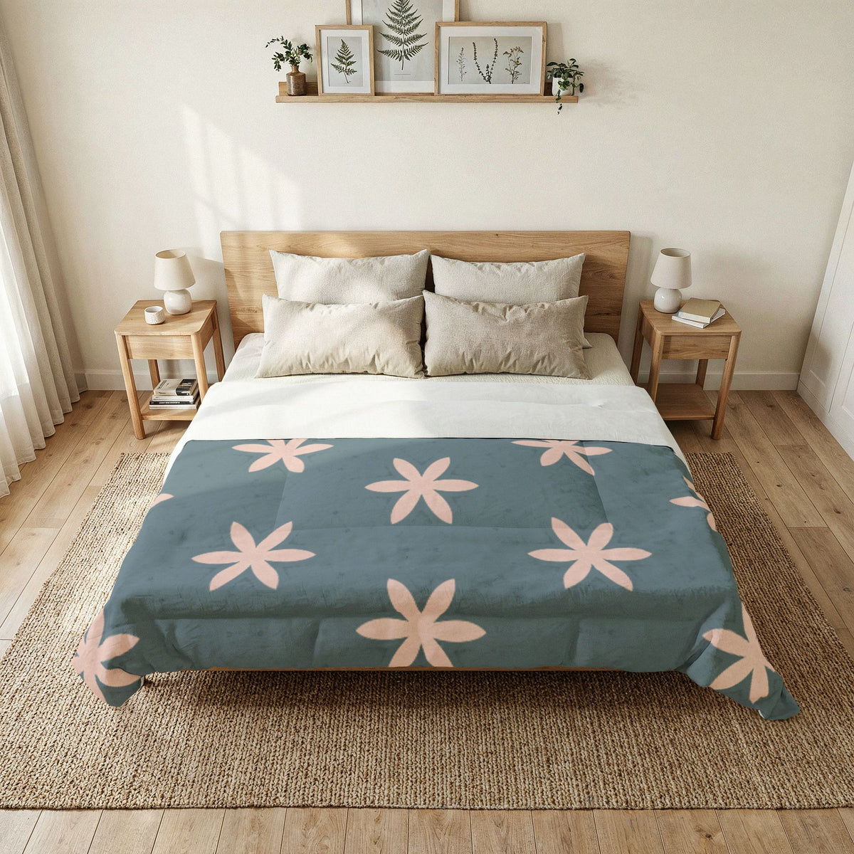 Floral Cotton Comforter – Light Pink Pattern on Cottage Door Blue