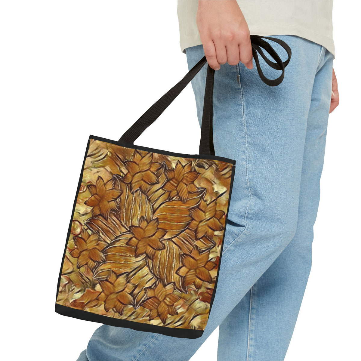 Two sided Floral Art Tote Bag — Vibrant All-Over-Print Flower Pattern Side 1 Browns and Side 2 Purple?