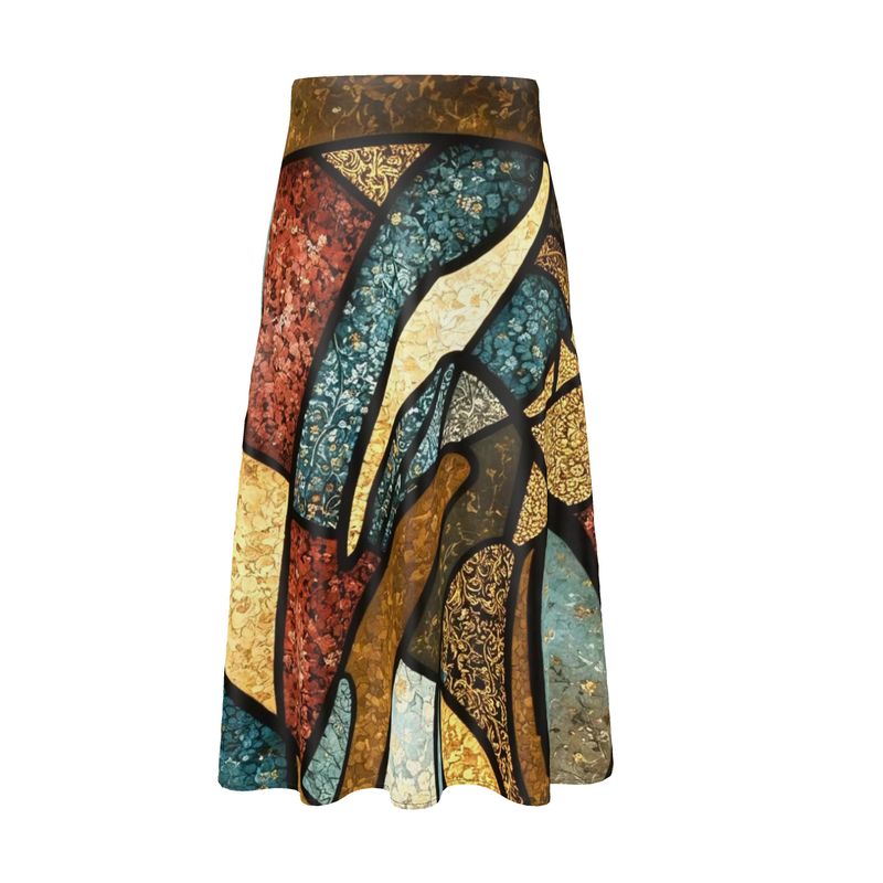 Lively multi color stain glass and leather look Midi Skirt