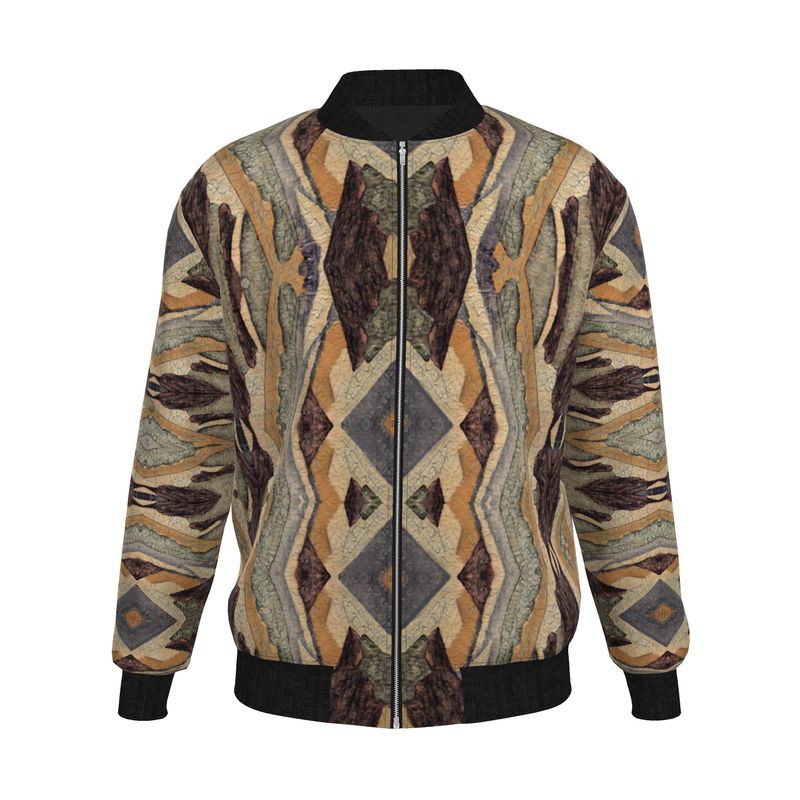 Lively fall multi colored geometric look in a Bomber Jacket.