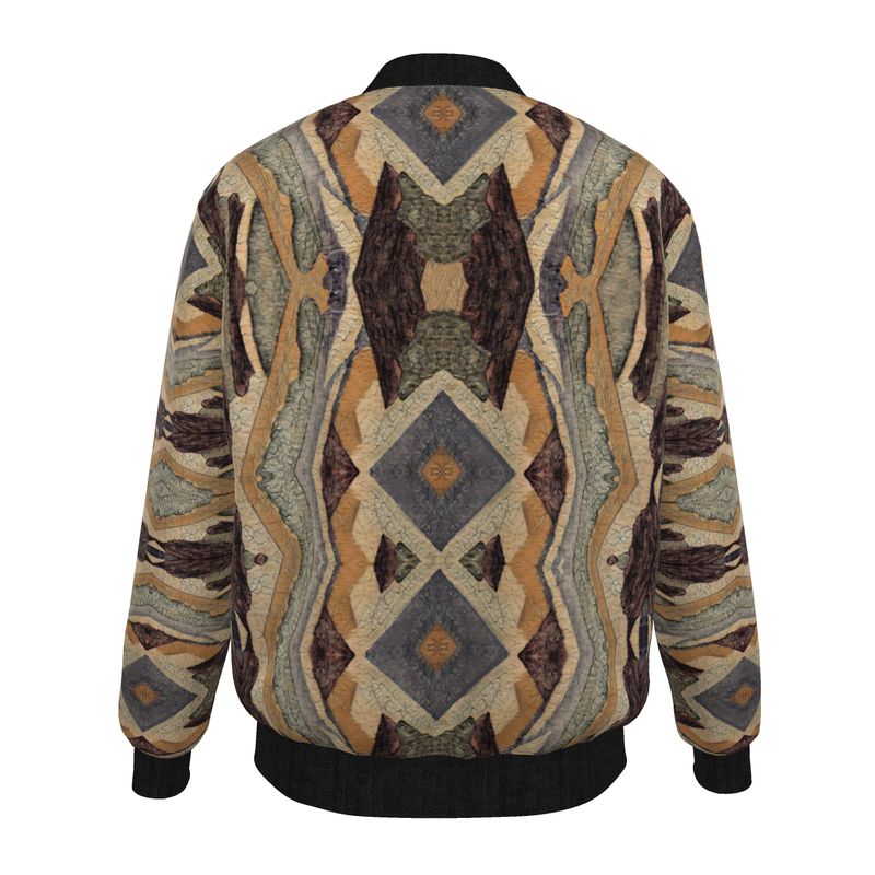 Lively fall multi colored geometric look in a Bomber Jacket.