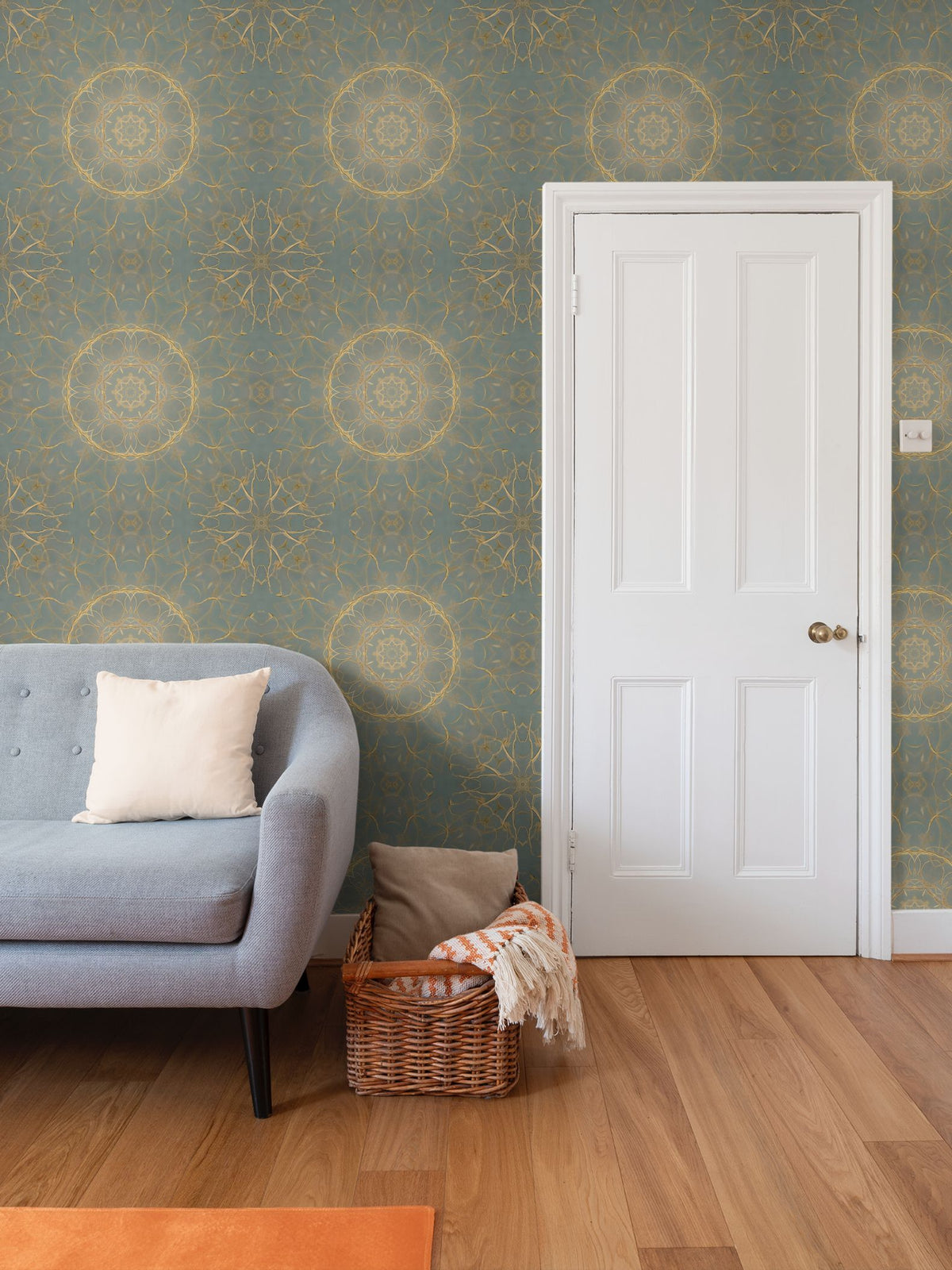 Metallic Gold on Green Intricate Repeat Pattern Wallpaper