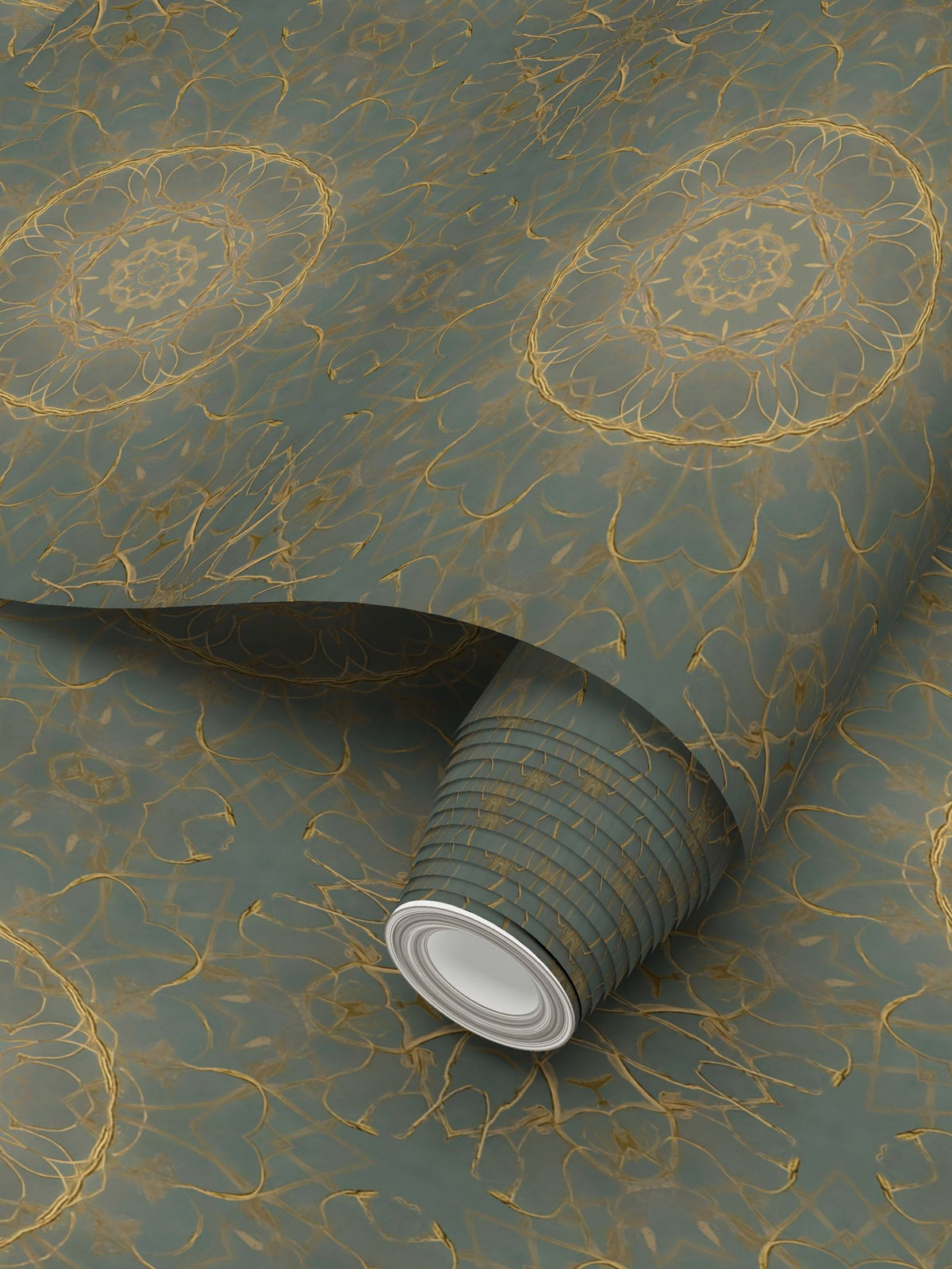 Metallic Gold on Green Intricate Repeat Pattern Wallpaper