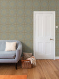 Metallic Gold on Green Intricate Repeat Pattern Wallpaper