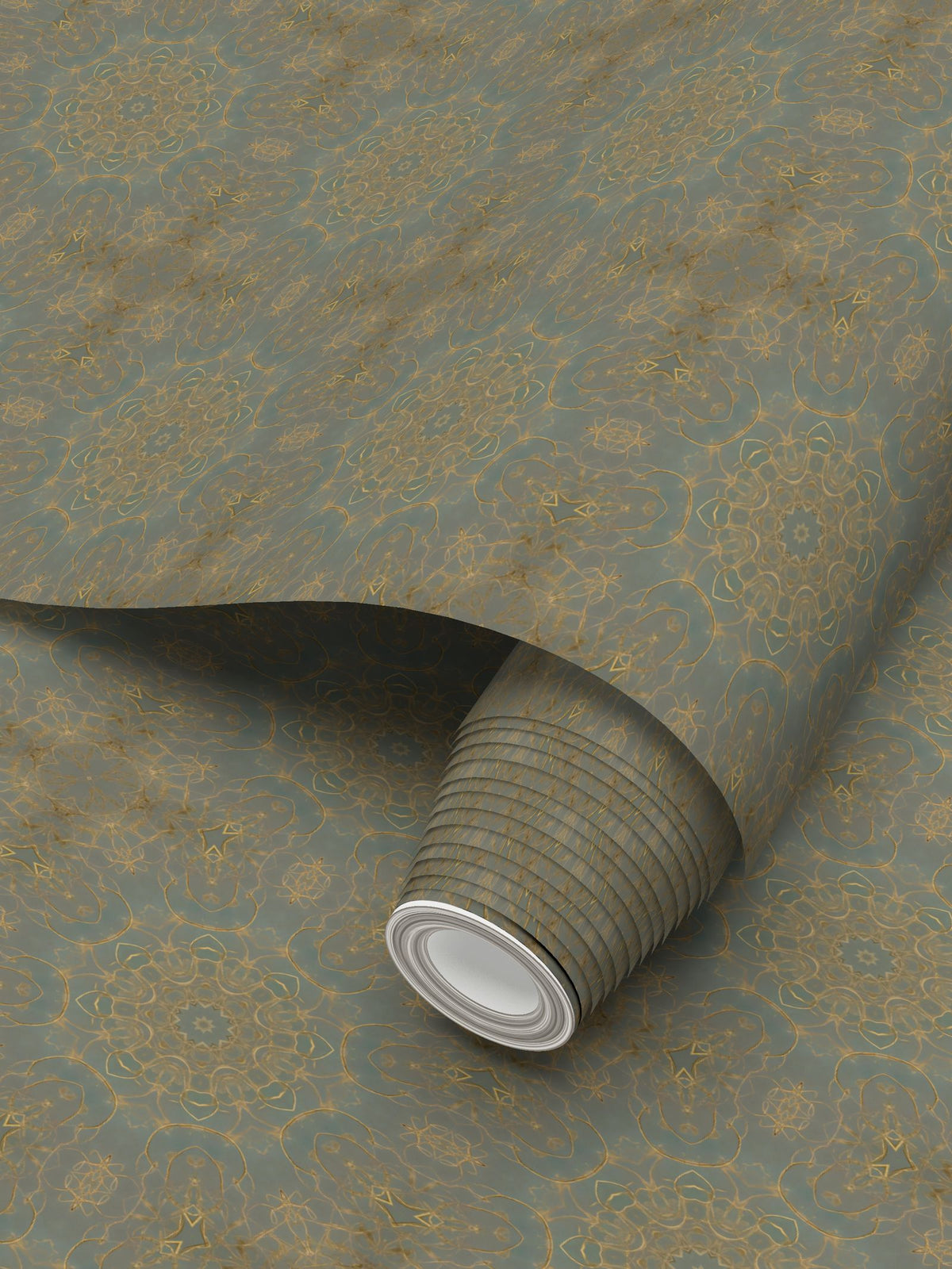 Metallic Gold on Green Intricate Repeat Pattern Wallpaper
