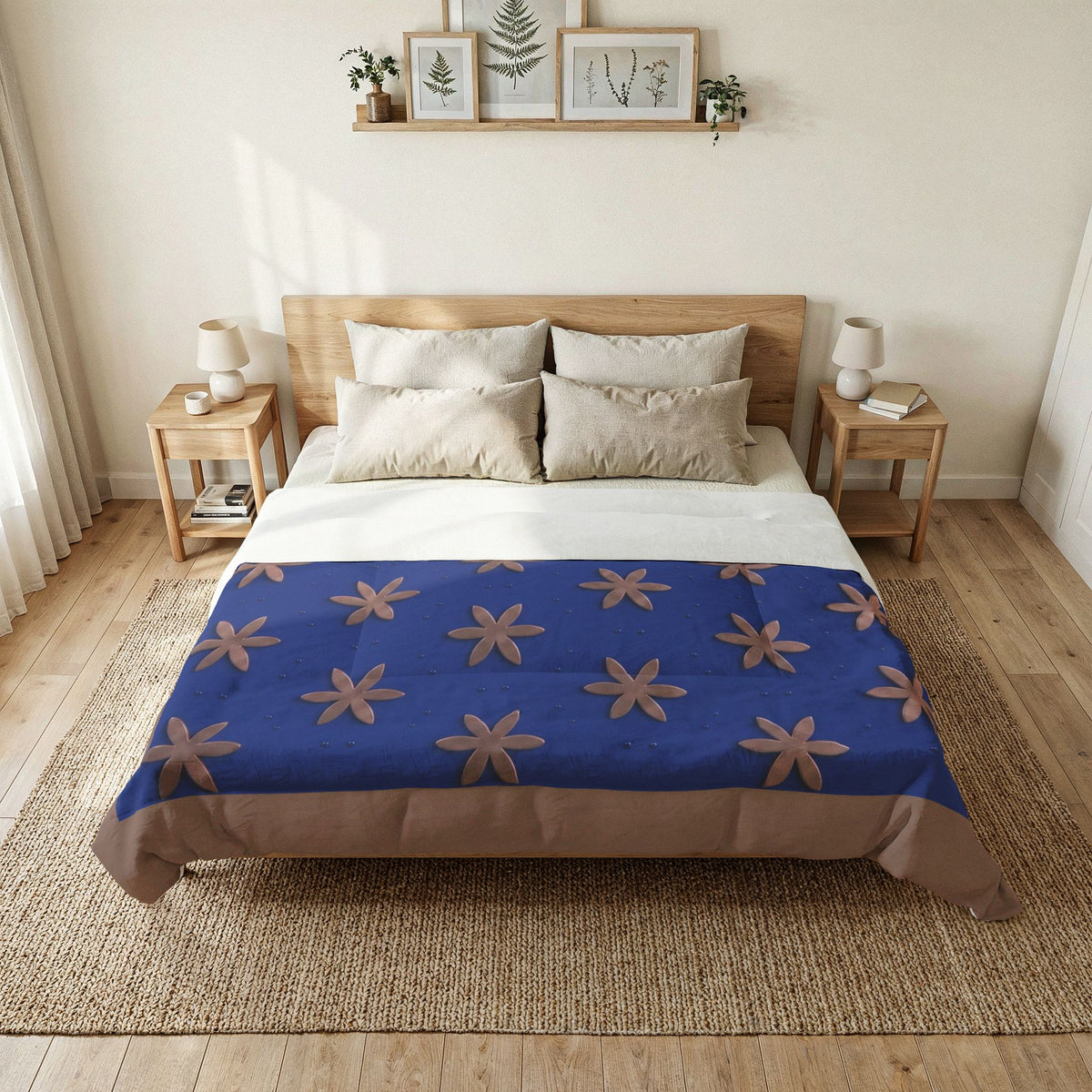 Abstract Floral Cotton Comforter  Copper metallic on luminous Blues