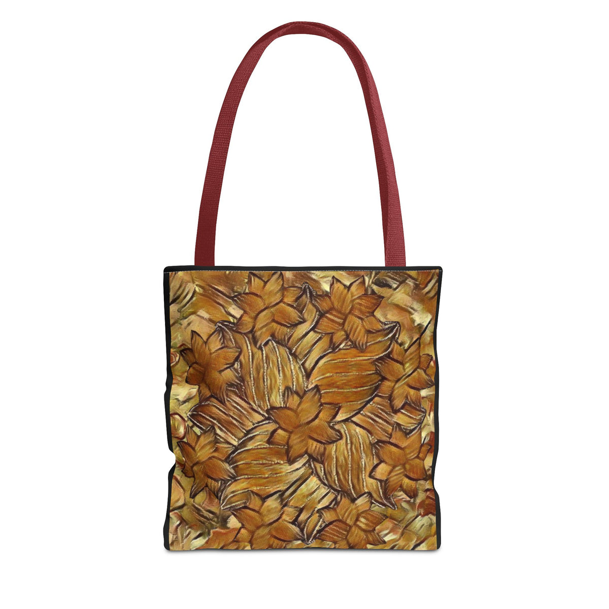 Two sided Floral Art Tote Bag — Vibrant All-Over-Print Flower Pattern Side 1 Browns and Side 2 Purple?