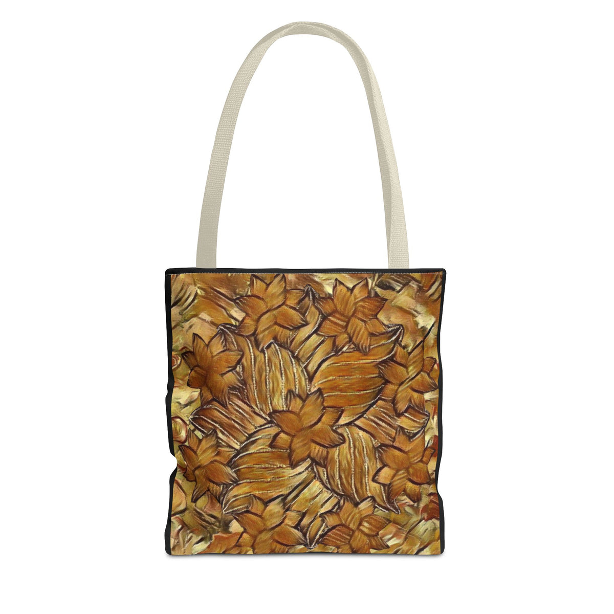 Two sided Floral Art Tote Bag — Vibrant All-Over-Print Flower Pattern Side 1 Browns and Side 2 Purple?