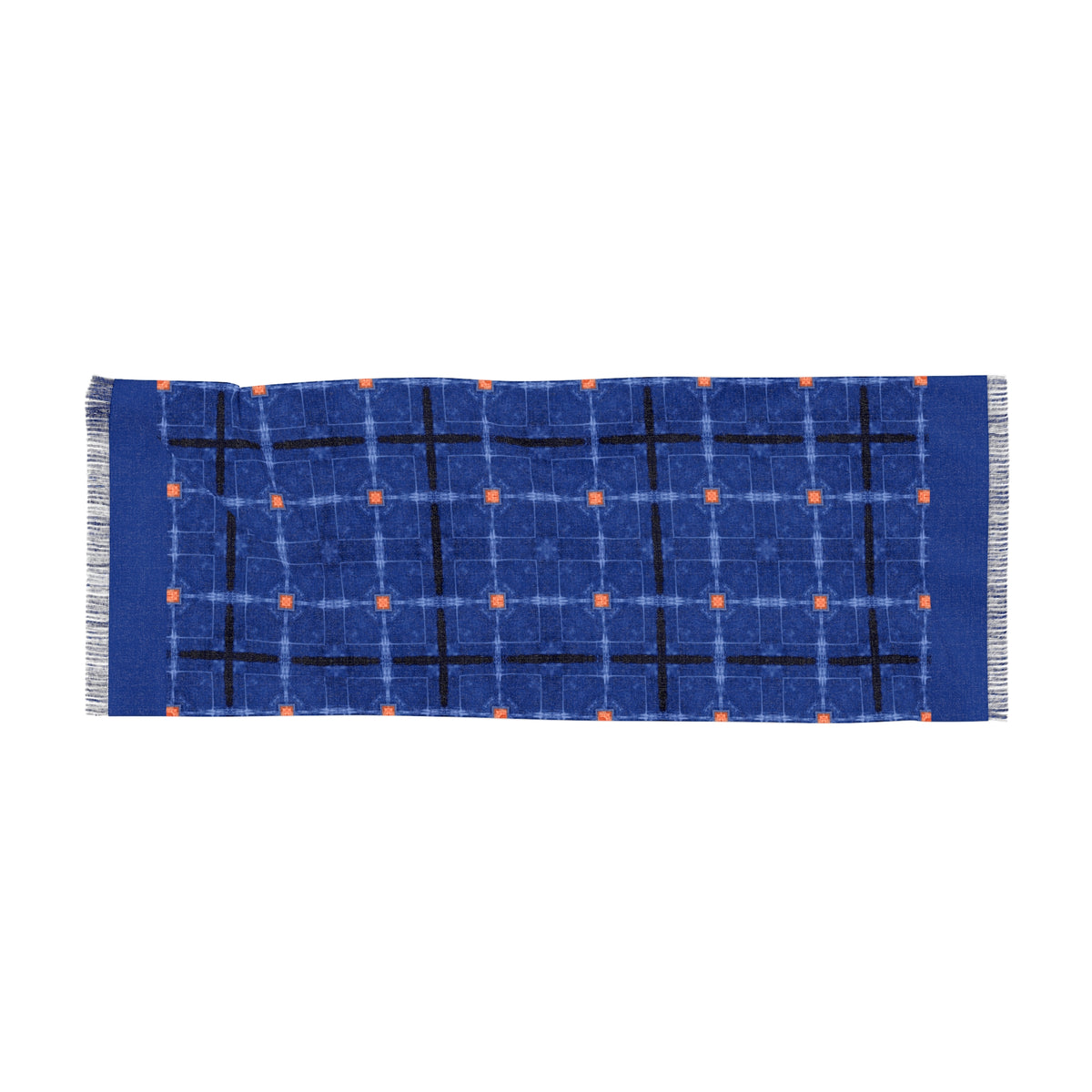 Blue Large Plaid Lightweight Scarf — Subtle Orange Dot Grid Pattern